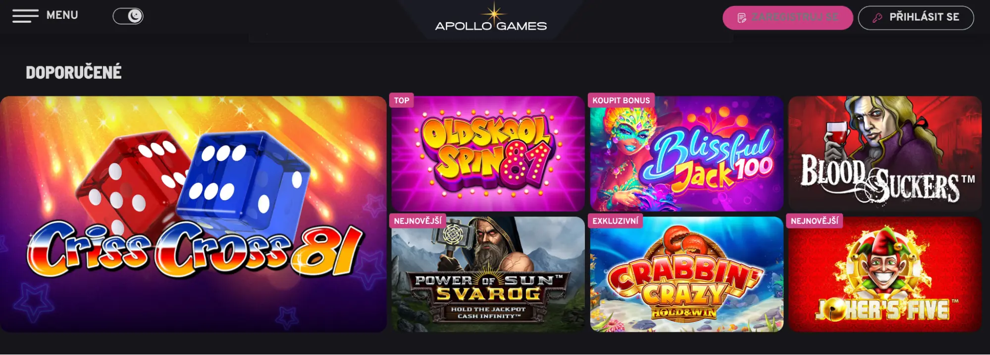 Apollo Games doporučené výherní automaty online. Doporučené online automaty Apollo Games – Criss Cross 81, Oldskool Spin 81, Blissful Jack 100, Blood Suckers, Power of Sun Svarog, Crabbín’ Crazy a Joker’s Five.